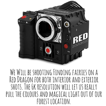 We Will be shooting Finding Fairies on a Red Dragon for both interior and exterior shots. The 6k resolution will let us really pull the colours and magical light out of our forest location.