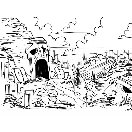 Surrounded by broken white rock and dirt, the exterior cave has an Aztec inspired façade. A small rocky path leads up to the cave’s mouth-like opening. As our main character makes his way towards it, we see monuments scattered throughout the area. The eerie eyes within the broken stone monuments follow our character’s every move. Shadows stir unnaturally and the entire scene has an abnormal feeling.