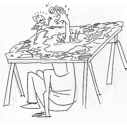 Our character finds himself on the large black goo pond. Surrounded only by rubble, the pond appears to be in the middle of nowhere. Just when our protagonist feels like he has escaped, a large hand with long fingernails appears from inside the black pond and grabs him; it shakes and tosses him around. The set will be designed so a person can fit underneath, using his/her hand as he live-action component of this scene.