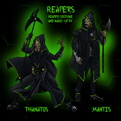 Reaper weapons & costume concept design for Thanatos Reaper. Original Designs copyright Vancouver FX Studio. 

This concept image shows the full head character prosthetics our practical FX team will be sculpting and molding. In addition, a custom Reaper weapons will be sculpted for safe use on set during our action fight scenes.. Hand sewn Reaper cloaks with neon alien designs to be created by our Costume Designer.