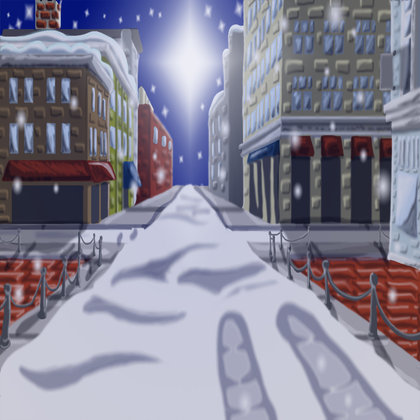 the story of Gerry Mouse takes place in a Canadian city during the winter. To replicate this, depicted is a small downtown intersection blanketed in slow and colored by the dark blue night. The layout of this block is actually modeled after a block in Vancouver.