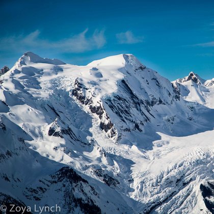 The Freshfield Icefields is a group of peaks located between Golden, BC, and
Jasper, Alberta to the west of Amiskwi. Much of it is glaciated and it has a huge amount of beautiful terrain above 10 000 feet. It is known for steeper lines and
deeper snowpack than the Rocky Mountains to the east , thus is a coveted ski
mountaineering destination. Mt Mummery and it's immense glacier are a part
of the Freshfield group. Mummery  is the most prominent peak visible from
Amiskwi lodge.