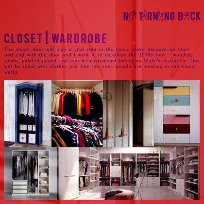 The closet door will play a vital role in the music video because we start and end with the door and I want it to establish the 1970s look - wooden, rustic, painted with a pastel colour and can be customized based on our character. This will be filled with clothes just like the ones people are wearing in the closet world.