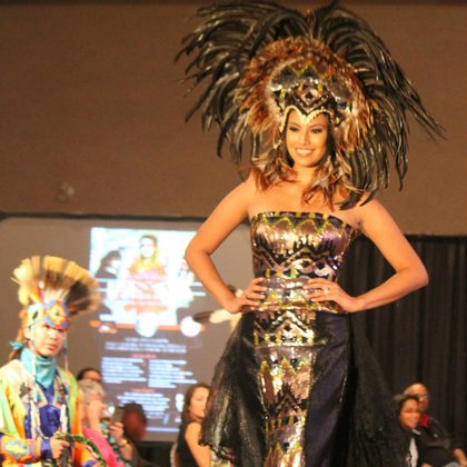 Ashley Callingbull wearing a design by Vancouver fashion designer Himikalas Baker